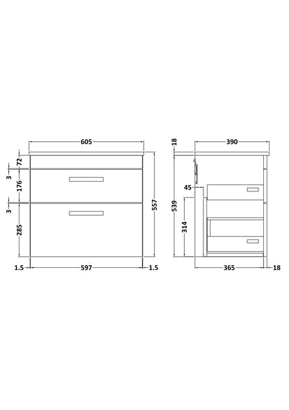 Nuie Athena 600mm Wall Hung 2 Drawer Anthracite Woodgrain Vanity Unit With Worktop With Soft Close Drawers