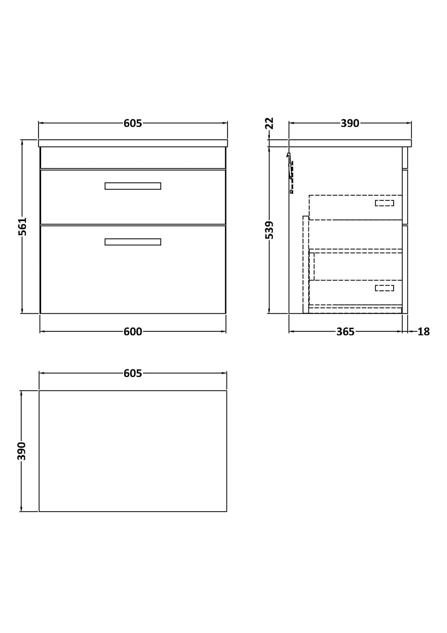 Nuie 600mm Wall Hung Charcoal Black 2-Drawer Unit With Laminate Worktop