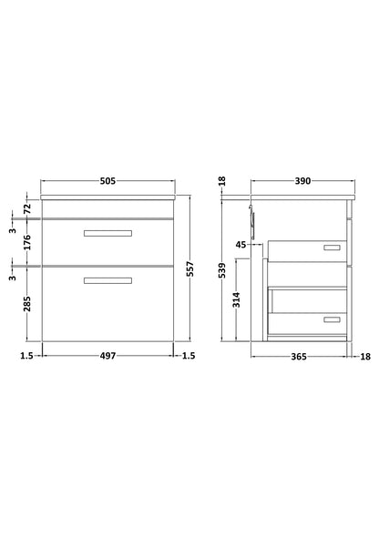 Nuie 500mm Gloss Grey Wall Hung 2 Drawer Vanity Unit With Worktop