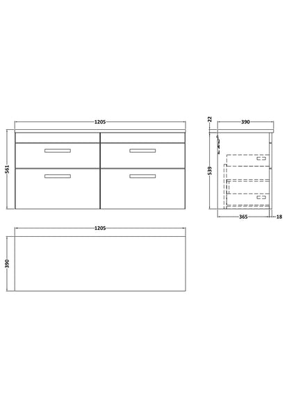 Nuie 1200mm Wall Hung 4-Drawer Unit With Laminate Worktop