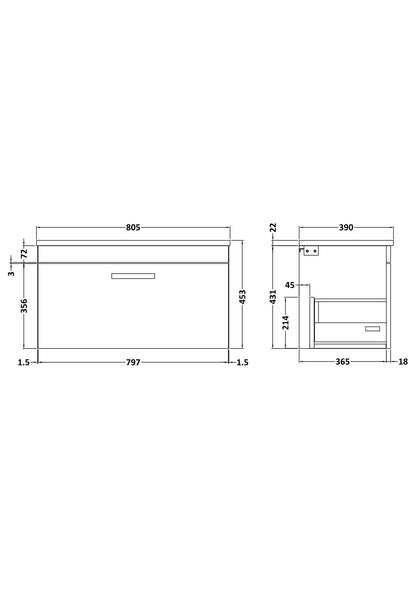 Nuie Athena 800mm Charcoal Black Wall Hung Single Drawer Vanity Unit With Laminate Worktop