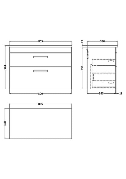 Nuie 805mm Wall Hung 2-Drawer Unit With Laminate Worktop & Handles