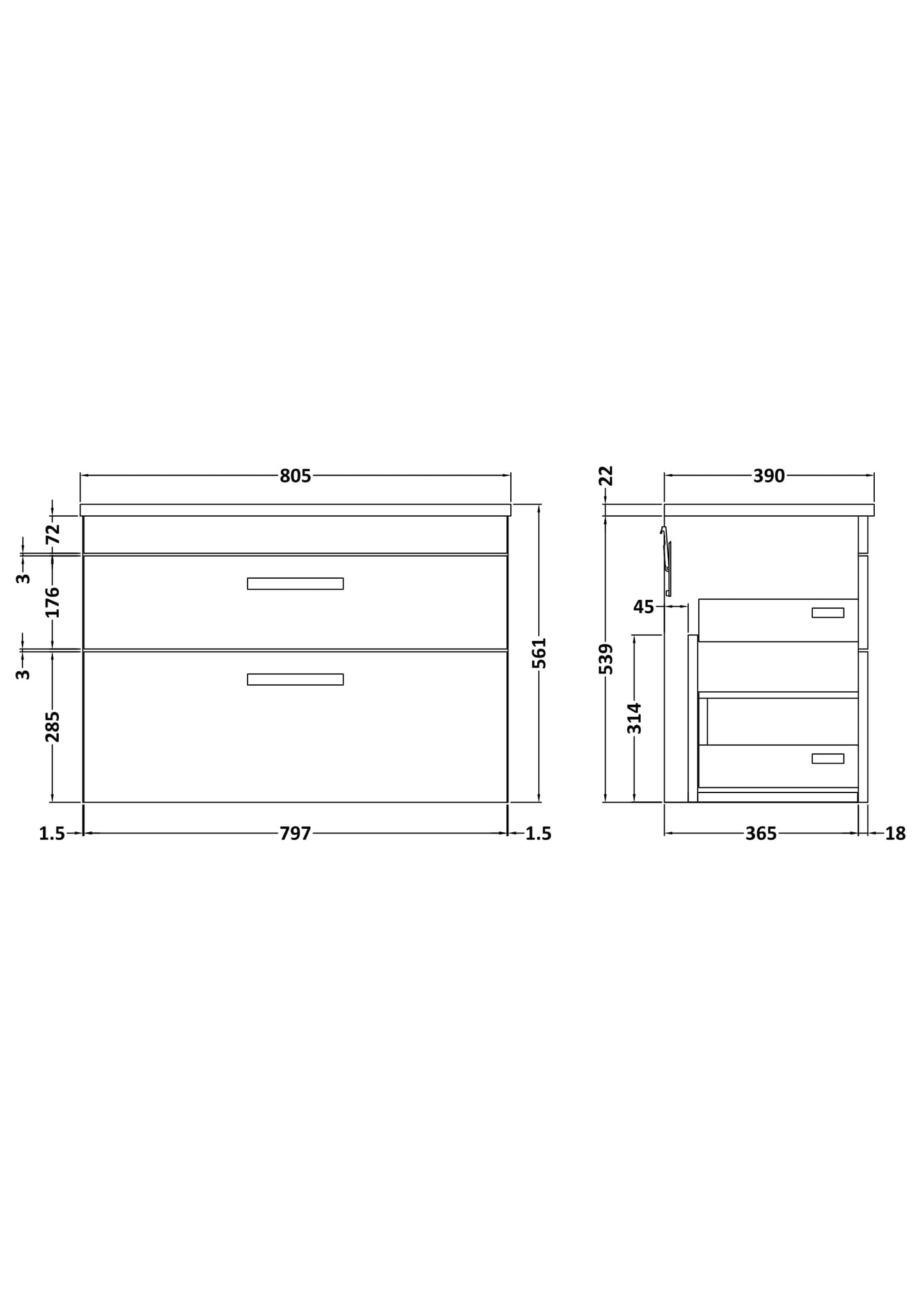 Nuie Athena 800mm Wall Hung 2 Drawer Vanity Unit With Grey Worktop