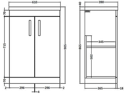 Nuie Athena 600mm Floor Standing 2 Door Vanity Unit With Mid-Edge 1 Tap Hole Basin