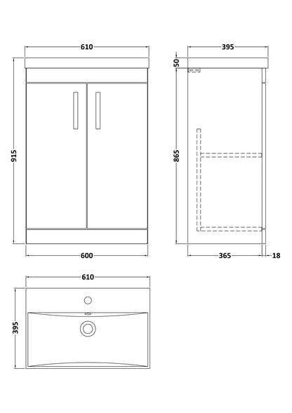 Nuie Athena 600mm Floor Standing 2 Door Vanity Unit With 1 Tap Hole Basin