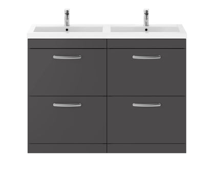 Nuie Athena 1200mm Gloss Grey Floor Standing 4 Drawer Vanity Unit With Twin Polymarble Basin