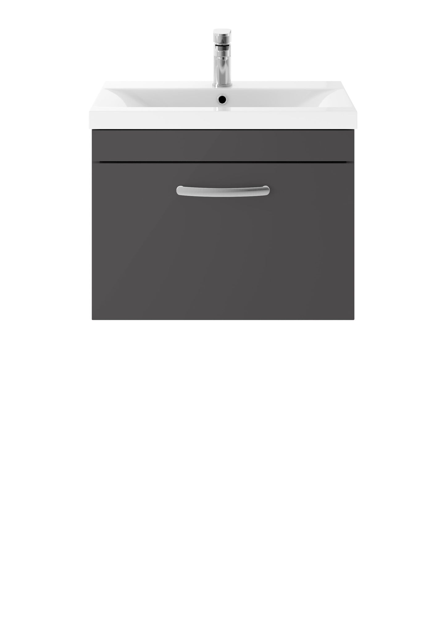 Nuie 600mm Gloss Grey Wall Hung Single Drawer Vanity Unit with 1 Tap Hole Basin