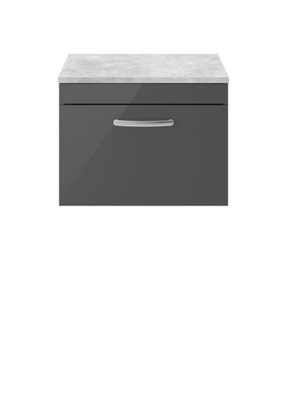 Nuie Athena 600mm Gloss Grey Wall Hung Single Drawer Vanity Unit Including Worktop