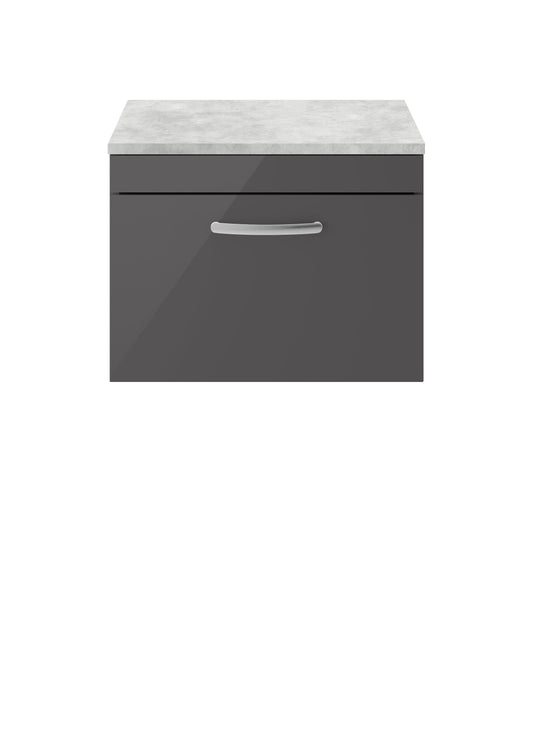 Nuie Athena 600mm Gloss Grey Wall Hung Single Drawer Vanity Unit Including Worktop