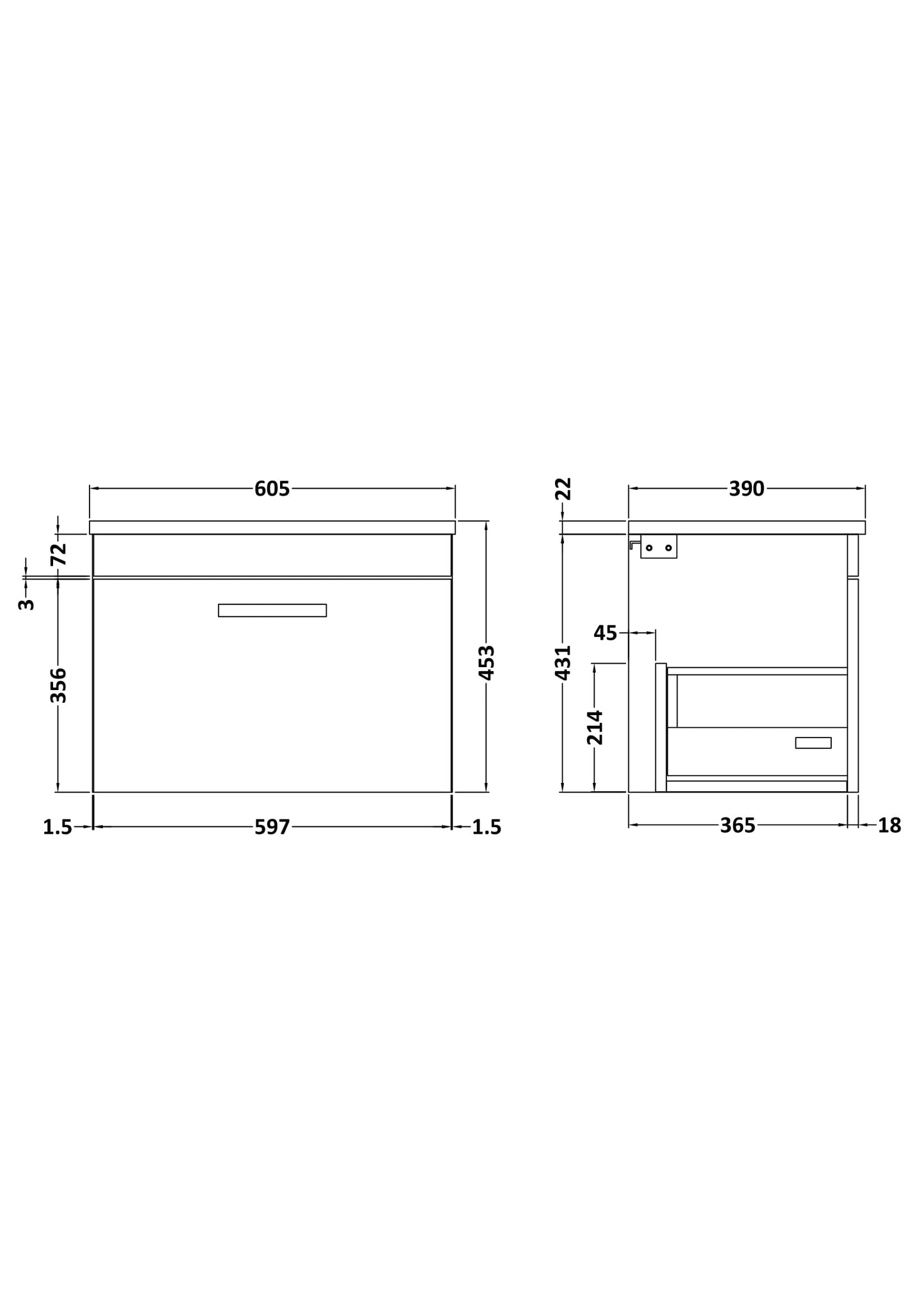Nuie Athena 600mm Gloss Grey Wall Hung Single Drawer Vanity Unit Including Worktop