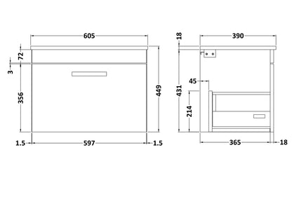 Nuie Athena 600mm Gloss Grey Wall Hung Single Drawer Vanity Unit With Worktop
