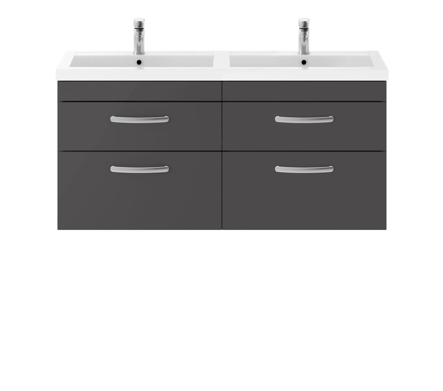 Nuie Athena 1200mm Gloss Grey Wall Hung Vanity Unit With 4 Drawers & Twin Polymarble Basin
