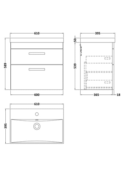Nuie Athena 600mm Wall Hung 2 Drawer Vanity Unit With Thin-Edge 1 Tap Hole Basin