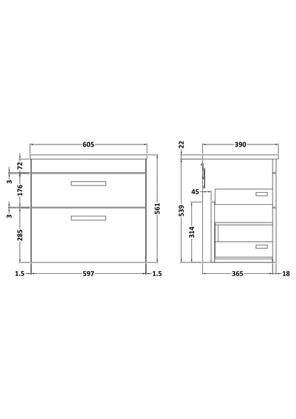 Nuie Athena 600mm Gloss Grey Wall Hung 2 Drawer Vanity Unit With Laminate Worktop