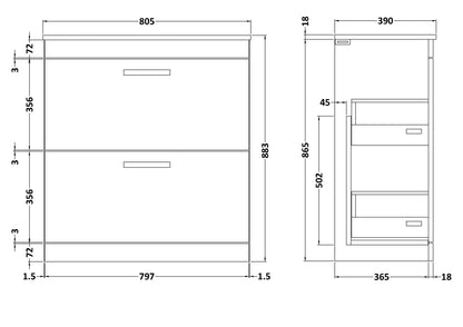 Nuie Athena 800mm Gloss Grey Floor Standing 2 Drawer Vanity Unit With Worktop