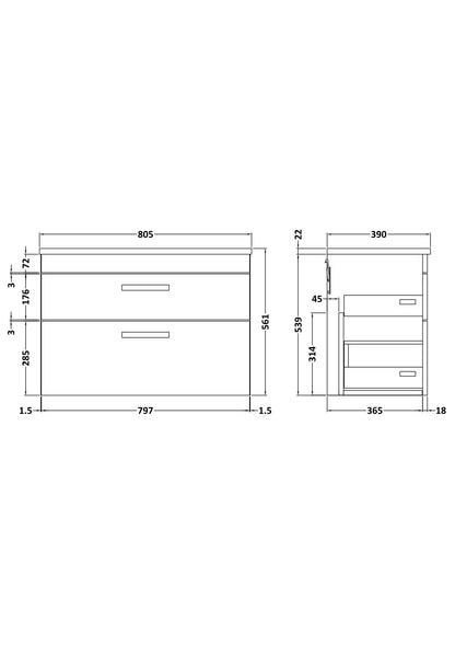 Nuie Athena 805mm Wall Hung 2 Drawer Vanity Unit With Worktop