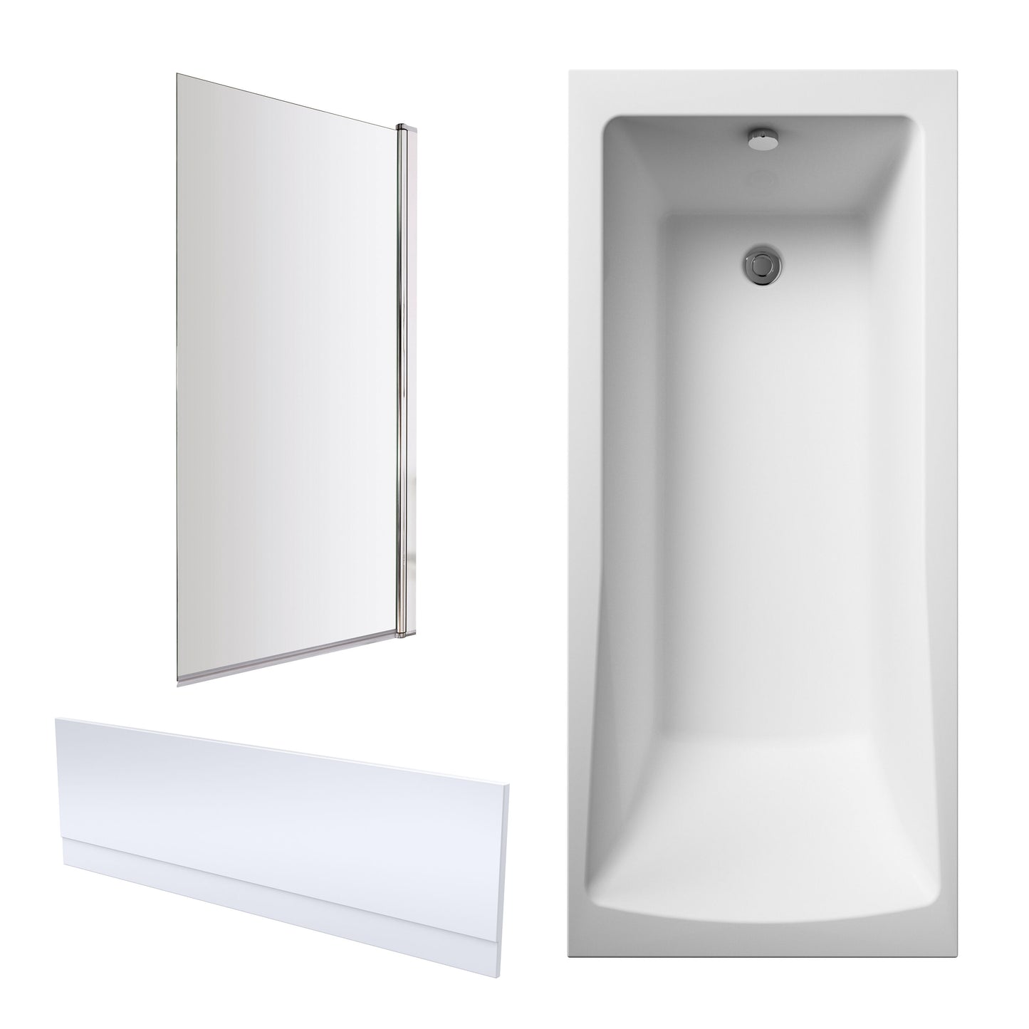 Nuie 1700mm x 750mm White Straight Shower Bath, Bath Screen, Front Panel and Adjustable Leg Set