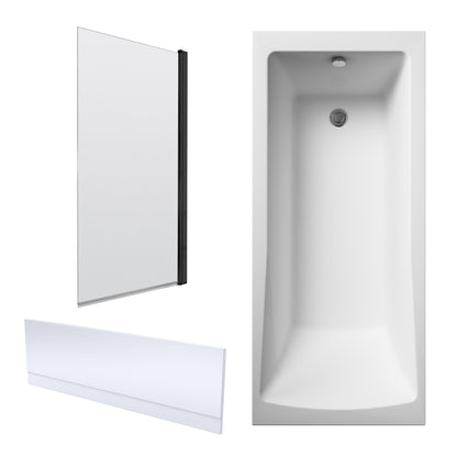 Nuie 1700mm x 750mm European White Straight Shower Bath, Bath Screen and Front Panel