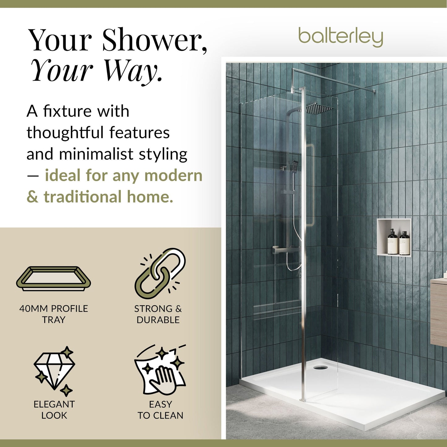 Contemporary 8mm Glass Walk In Wetroom Screen and Hinged Return Screen and Shower Tray - Choice of Size and Finish