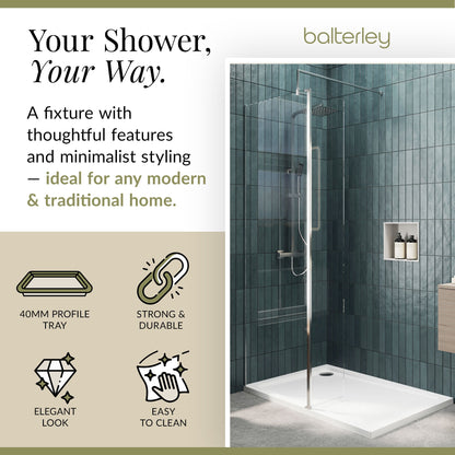 Contemporary 8mm Glass Walk In Wetroom Screen and Hinged Return Screen and Shower Tray - Choice of Size and Finish