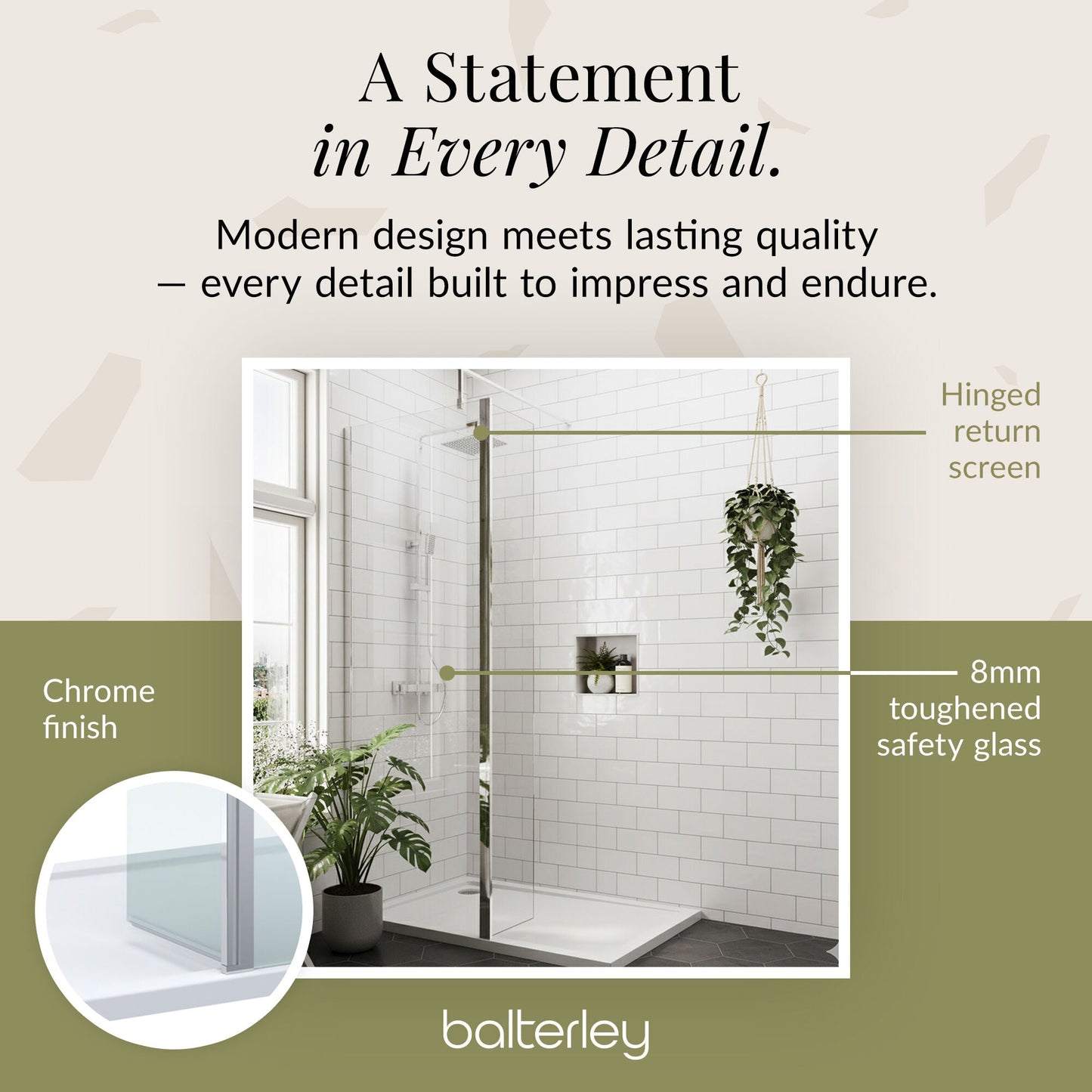 Contemporary 8mm Glass Walk In Wetroom Screen and Hinged Return Screen and Shower Tray - Choice of Size and Finish