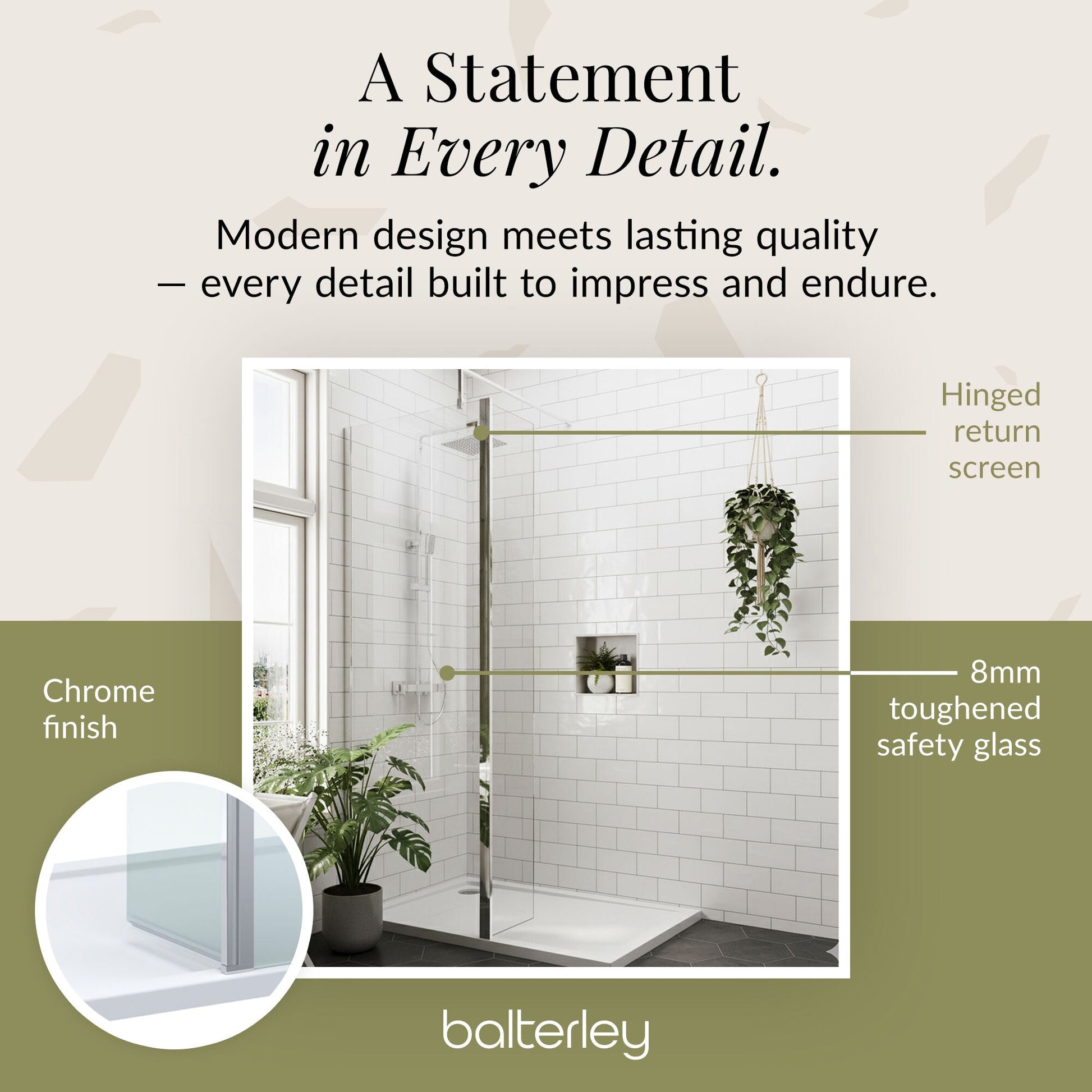 Contemporary 8mm Glass Walk In Wetroom Screen and Hinged Return Screen and Shower Tray - Choice of Size and Finish