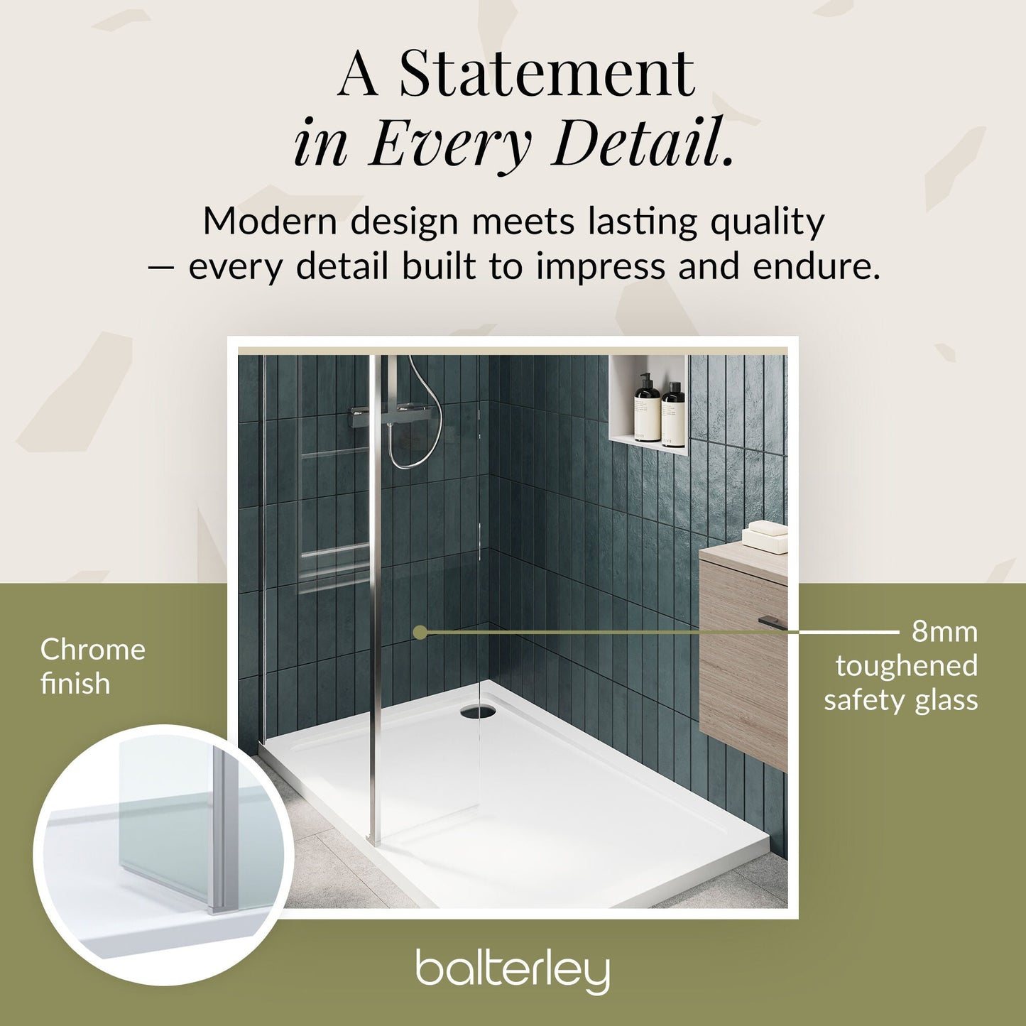 Contemporary 8mm Glass Walk In Wetroom Screen and Hinged Return Screen and Shower Tray - Choice of Size and Finish