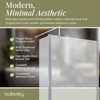 Contemporary 8mm Glass Walk In Wetroom Screen and Hinged Return Screen and Shower Tray - Choice of Size and Finish