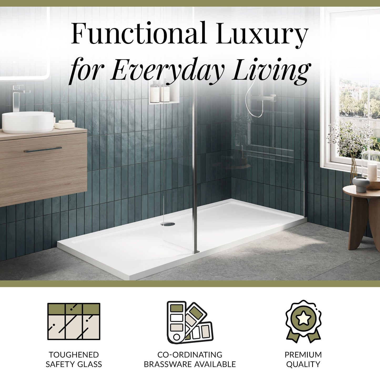 Contemporary 8mm Glass Walk In Wetroom Screen and Hinged Return Screen and Shower Tray - Choice of Size and Finish