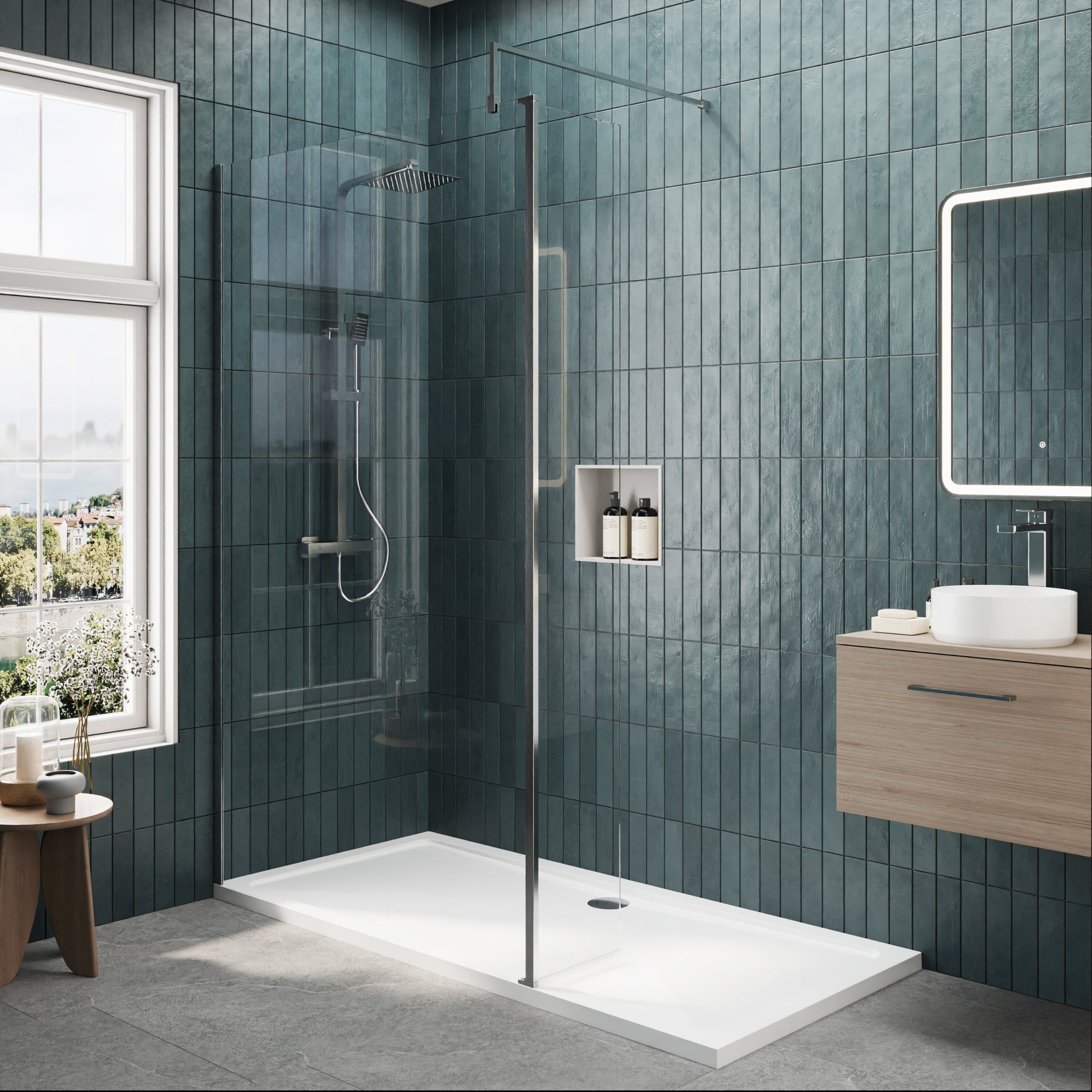 Contemporary 8mm Glass Walk In Wetroom Screen and Hinged Return Screen and Shower Tray - Choice of Size and Finish