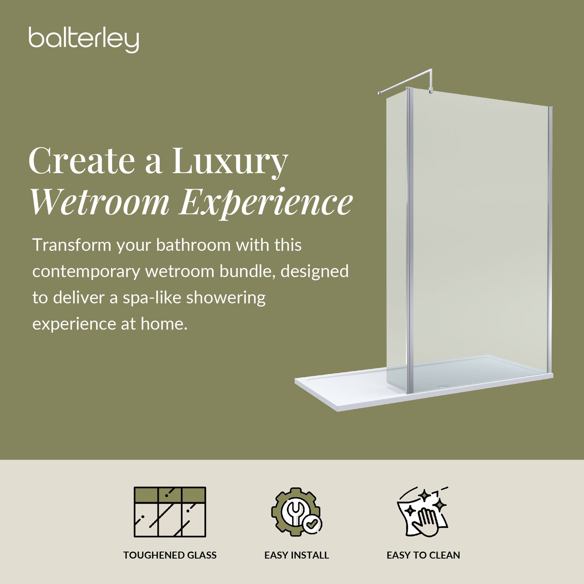 Contemporary 8mm Glass Walk In Wetroom Screen and Hinged Return Screen and Shower Tray - Choice of Size and Finish