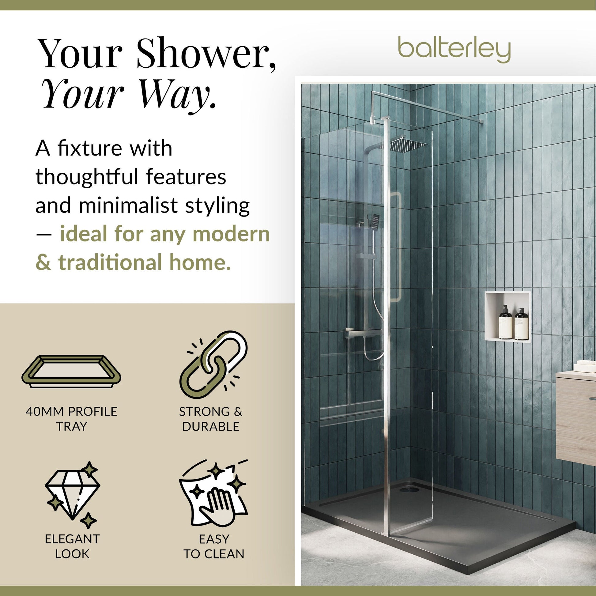 Contemporary 8mm Glass Walk In Wetroom Screen and Hinged Return Screen and Shower Tray - Choice of Size and Finish