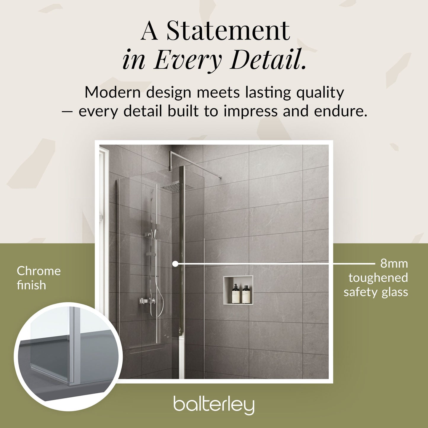Contemporary 8mm Glass Walk In Wetroom Screen and Hinged Return Screen and Shower Tray - Choice of Size and Finish