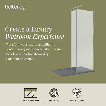 Contemporary 8mm Glass Walk In Wetroom Screen and Hinged Return Screen and Shower Tray - Choice of Size and Finish