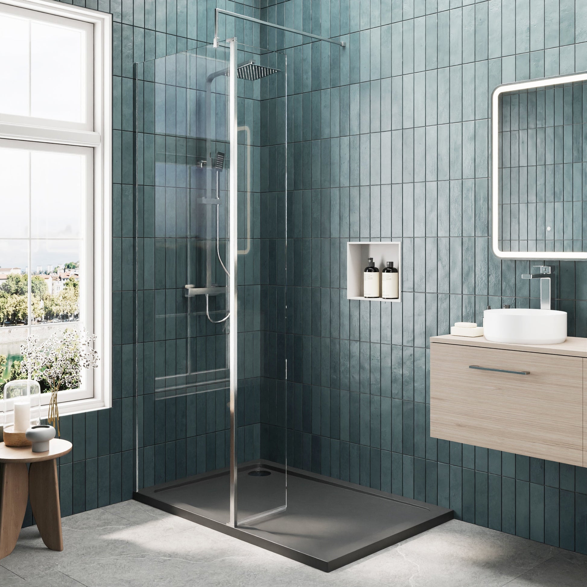 Contemporary 8mm Glass Walk In Wetroom Screen and Hinged Return Screen and Shower Tray - Choice of Size and Finish