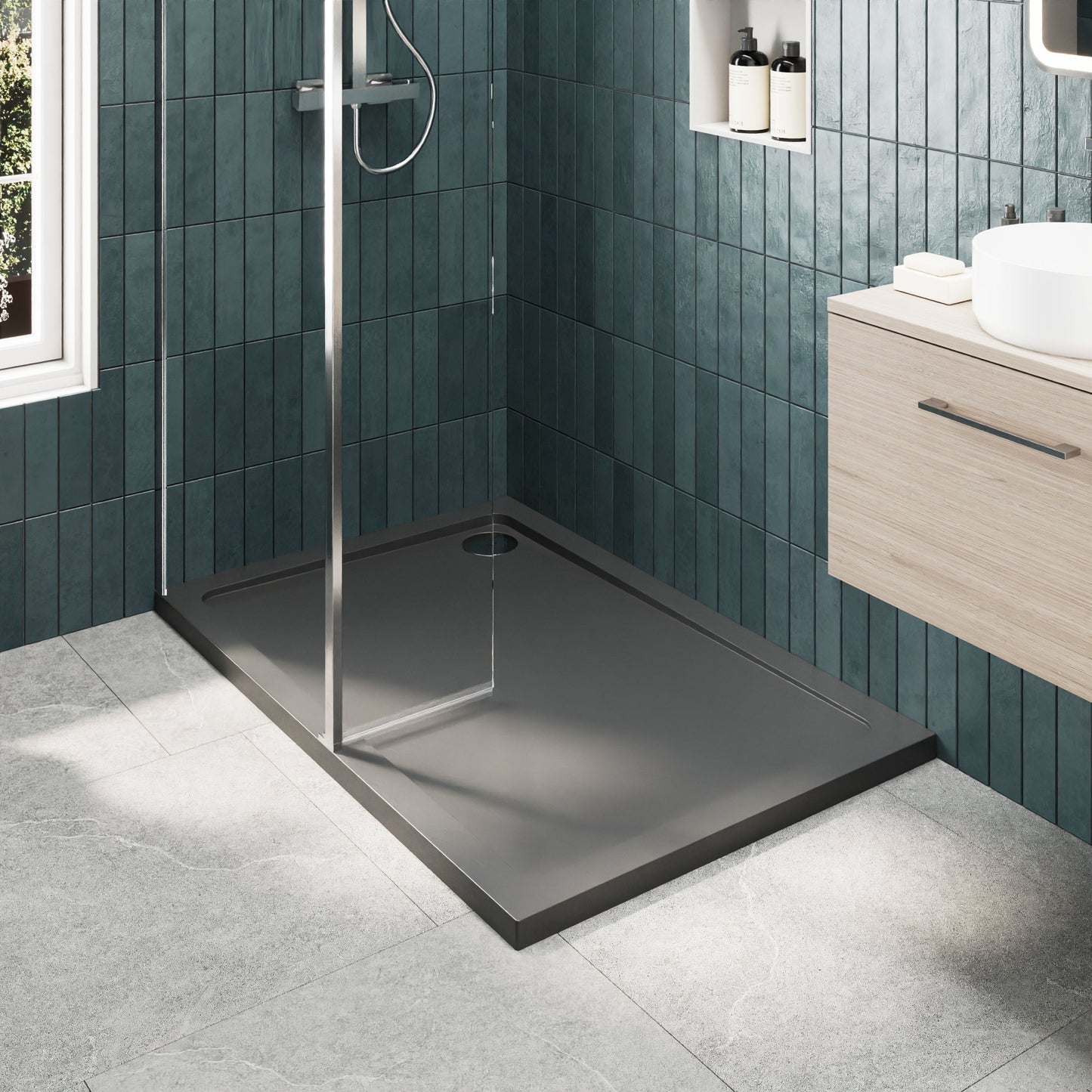 Contemporary 8mm Glass Walk In Wetroom Screen and Hinged Return Screen and Shower Tray - Choice of Size and Finish