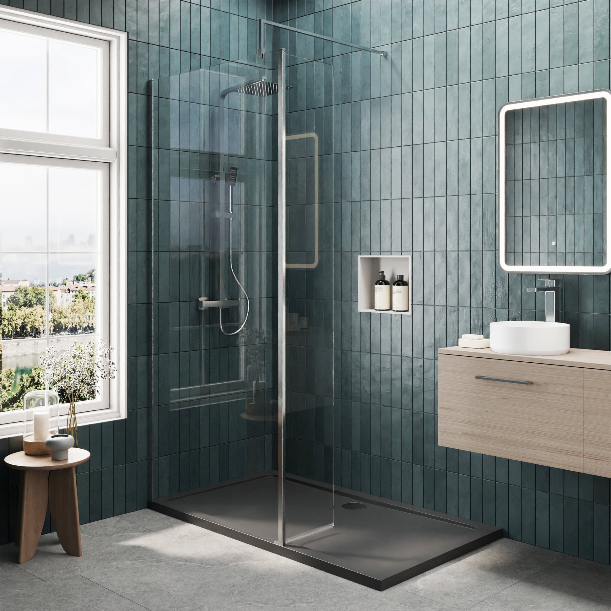 Contemporary 8mm Glass Walk In Wetroom Screen and Hinged Return Screen and Shower Tray - Choice of Size and Finish