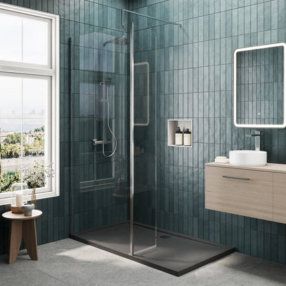 Contemporary 8mm Glass Walk In Wetroom Screen and Hinged Return Screen and Shower Tray - Choice of Size and Finish