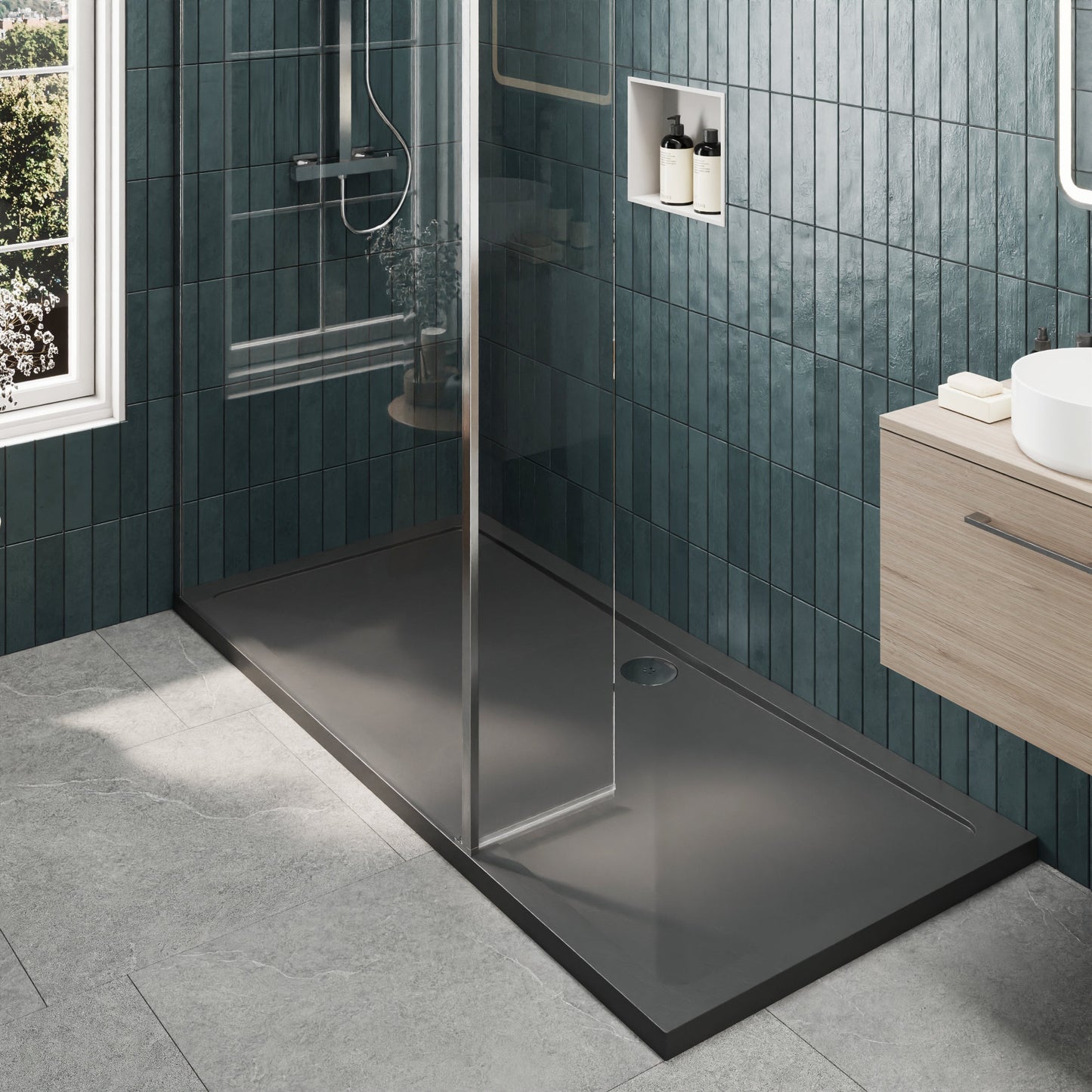Contemporary 8mm Glass Walk In Wetroom Screen and Hinged Return Screen and Shower Tray - Choice of Size and Finish