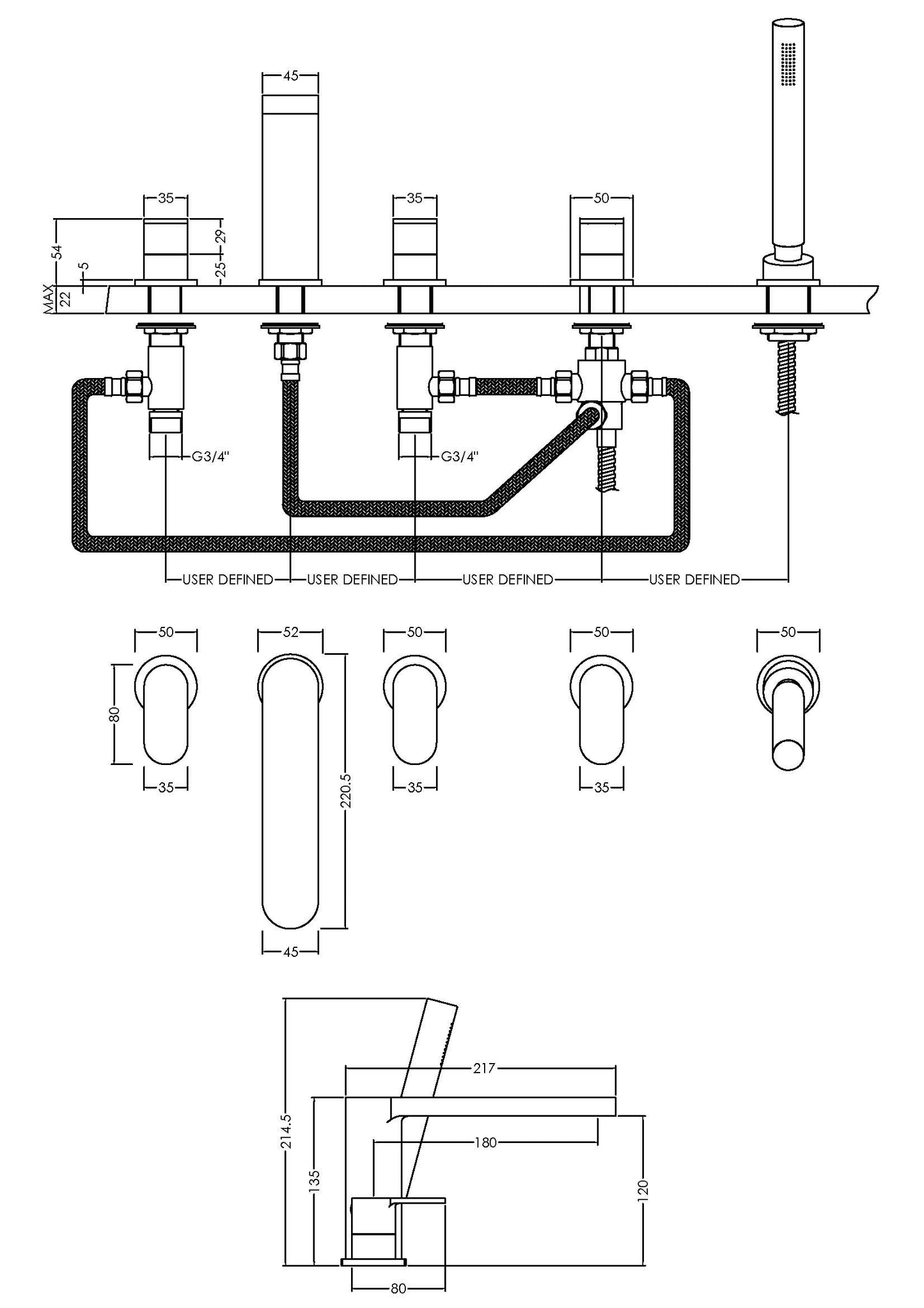 Binsey Deck Mounted 5 Tap Hole Bath Shower Mixer