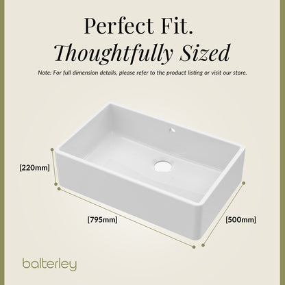 795mm - Fireclay Single Bowl Butler Kitchen Sink - with Overflow &  No Tap Hole