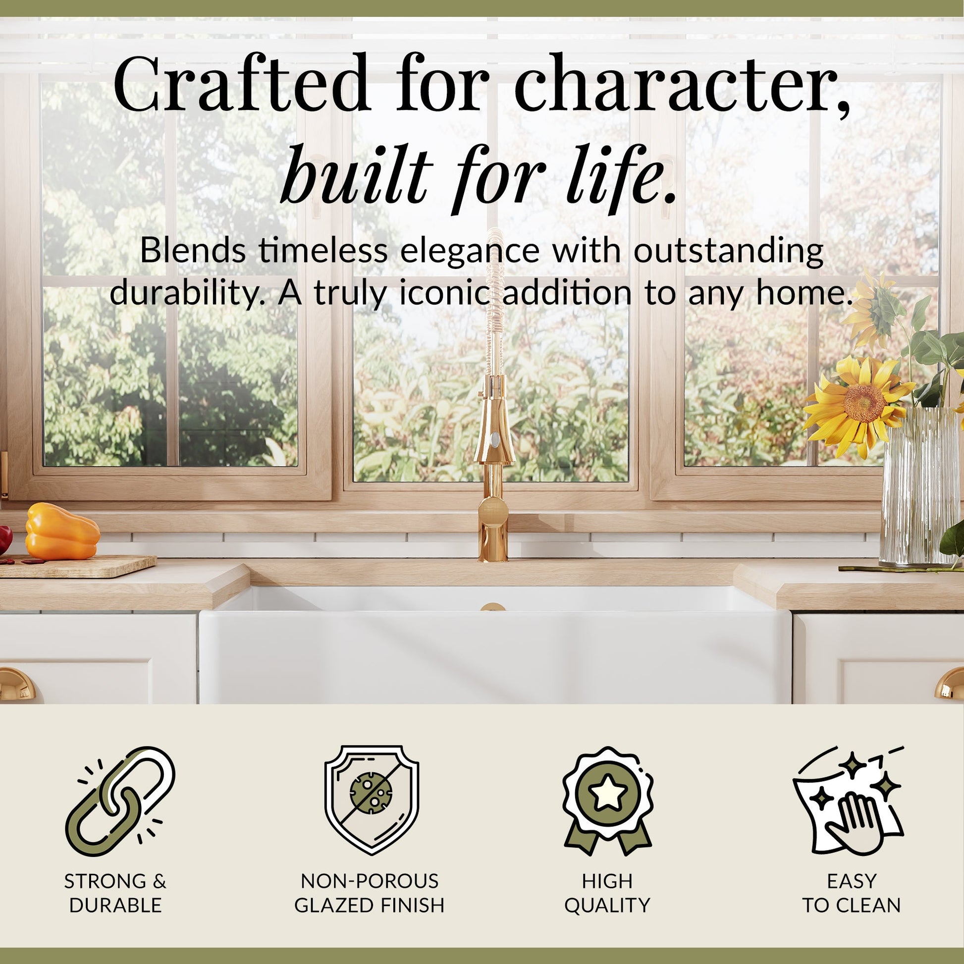 795mm - Fireclay Single Bowl Butler Kitchen Sink - with Overflow &  No Tap Hole