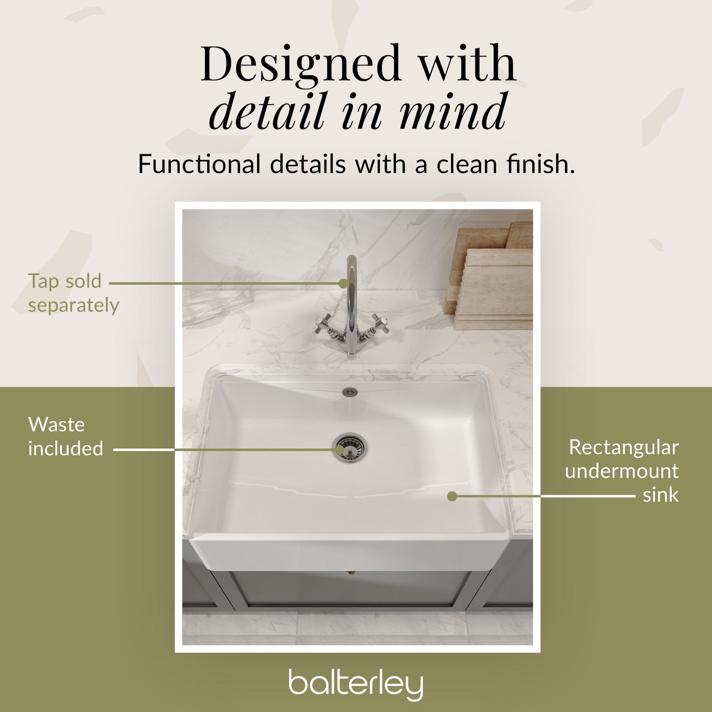 1 Bowl Fireclay Butler Kitchen Sink Overflow &  Waste - 795mm