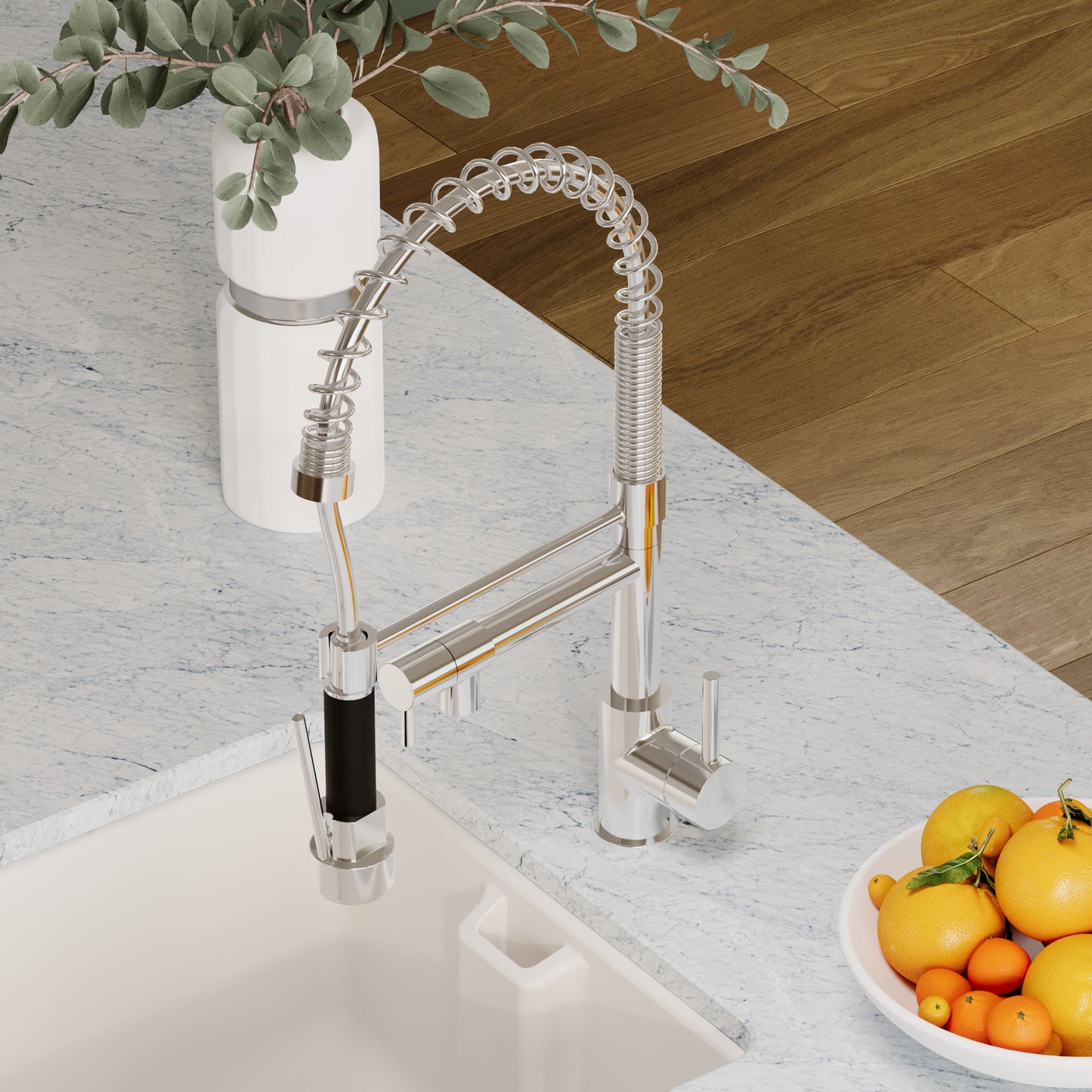 Tall Side Action Handle Kitchen Tap Rinser & Pan Filler - Chrome/Black