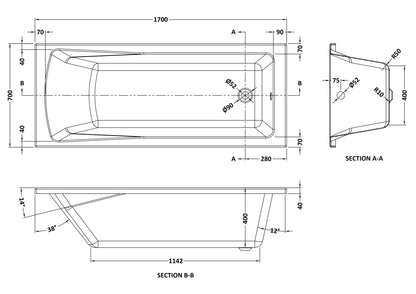 Nuie 1700mm x 700mm European White Straight Single Ended Bath, Bath Screen, Front Panel, Adjustable Leg Set and Overflow