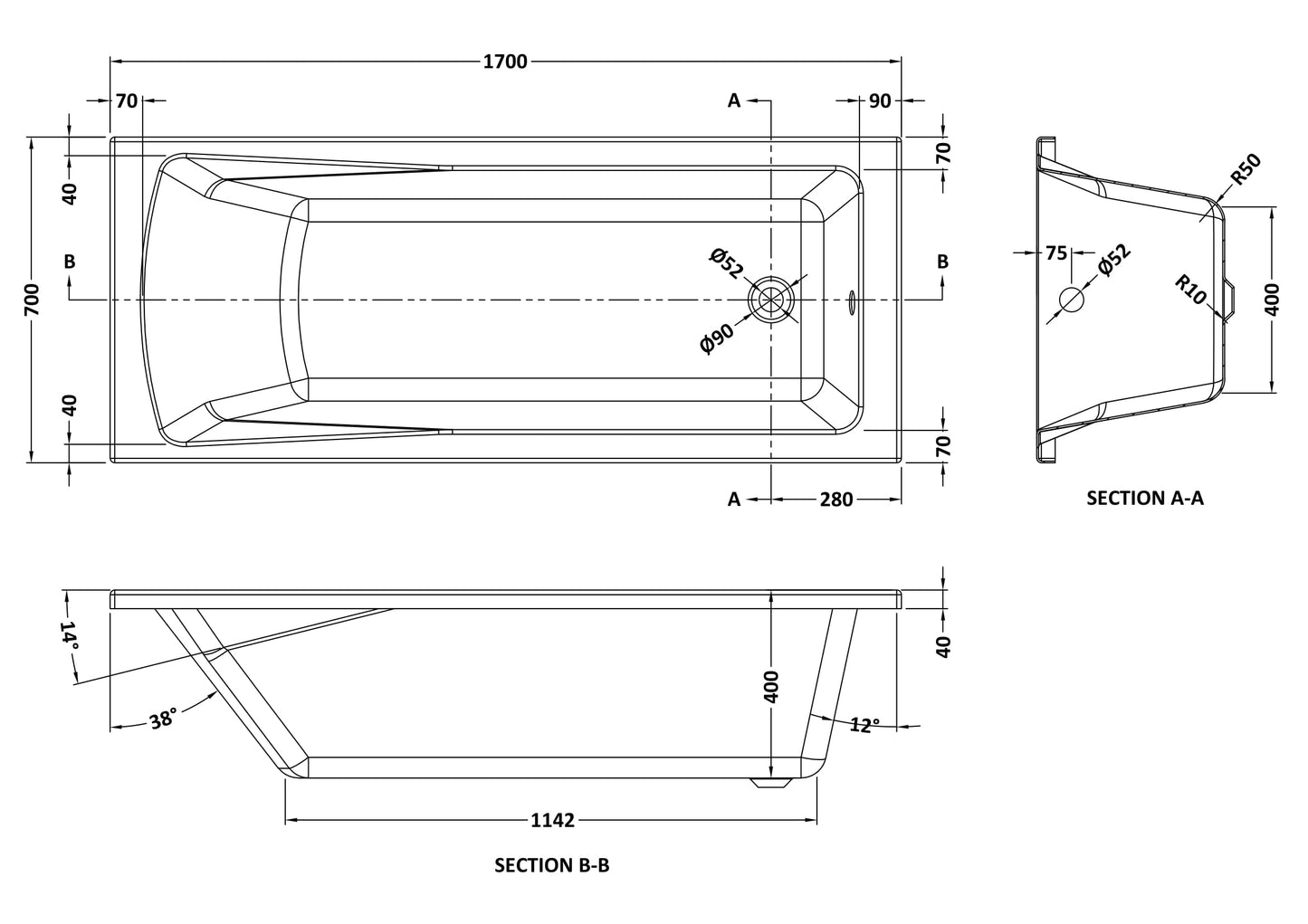 Nuie 1700mm x 700mm European White Straight Single Ended Bath, Bath Screen and Front Panel