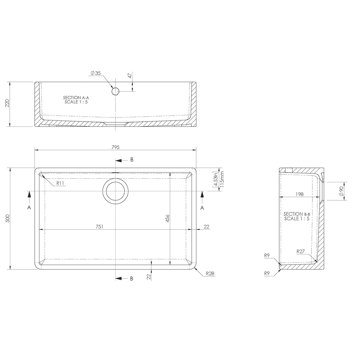 1 Bowl Fireclay Butler Kitchen Sink Overflow &  Waste - 795mm