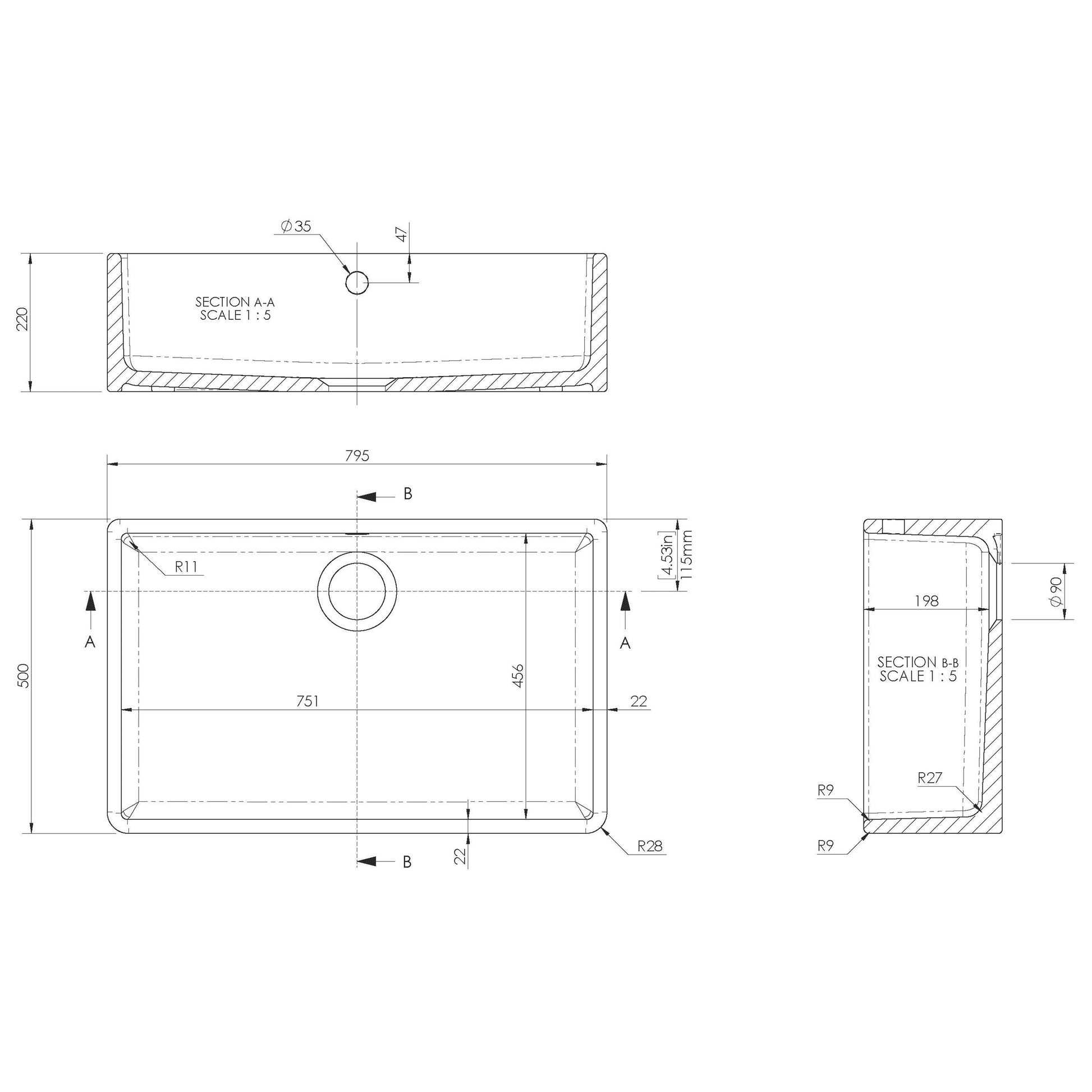 1 Bowl Fireclay Butler Kitchen Sink Overflow &  Waste - 795mm