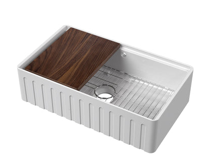 Nuie 1 Tap Hole Single Bowl 795 x 460 x 220mm Fireclay White Fluted Butler Sink With Ledge, Wire Grid and Chopping Board