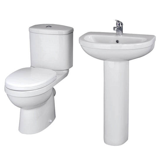 Nuie 550mm Toilet & Basin Set with Toilet Pan, Cistern, Soft Close Seat & Full Pedestal Basin